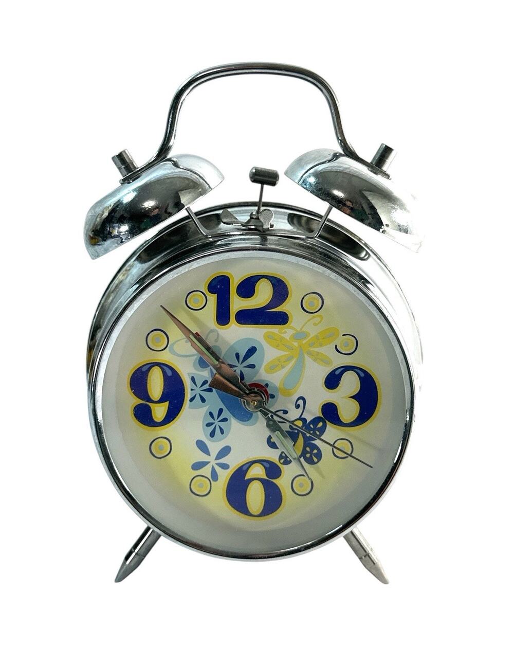Vintage 1970s Twin Bell Alarm Clock Retro Floral Butterfly Chrome Wind Up